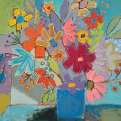 a painting of colorful flowers in a blue vase on a green tablecloth with an abstract background