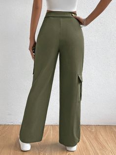 Make a fashion statement with these Flipped Waist Pocket Patched Cargo Pants. Designed for a casual yet stylish look, they feature a regular fit and a long length, making them ideal for everyday wear. The woven fabric offers a non-stretch feel, while the plain pattern ensures easy pairing with any top. With multiple pockets, these cargo pants provide both style and functionality. Detail: Style: Casual Pattern Type: Plain Type: Cargo Pants Length: Long Fit Type: Regular Fit Fabric: Non-Stretch Ma Casual Fitted Cargo Pants With Elastic Waistband, Casual Wide Leg Work Pants With Cargo Pockets, Casual Wide Leg Cargo Sweatpants, Trendy Full Length Sweatpants With Side Pockets, Casual Wide Leg Cargo Pants For Work, Casual Wide-leg Cargo Sweatpants, Trendy Full-length Solid Color Pants, Fall Solid Wide-leg Cargo Pants, Trendy Solid Color Full-length Pants