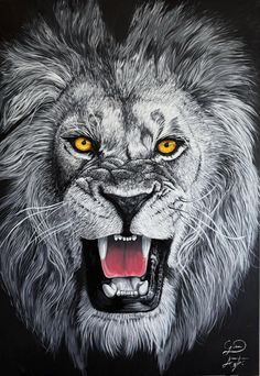 a drawing of a lion's face with yellow eyes