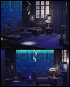 two pictures of a living room with fish in the water and an ocean scene on the wall