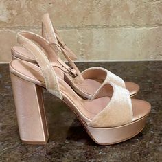 New Without Tags Lola Cruz Nude Velvet Platform Heels. Leather Buckle Strap Closure. Faint Wear At Soles From Being A Floor Model. Gtd/Ik Nude Platform Heels, Pink Heels, Leather Buckle, Platform Heels, Anthropologie, Shoes Women Heels, Shoes Heels, Buckle, Velvet