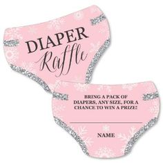 two pink and silver diaper raffles with snowflakes on the side