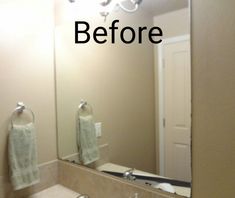 a bathroom mirror with the words before and after in front of it, above a sink