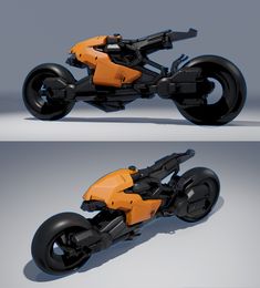 an orange and black motorcycle is shown in three different angles, with the front wheel facing forward