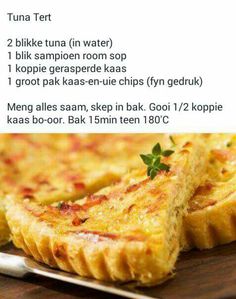 the recipe for quiche is shown on a wooden board