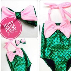 the green and pink swimsuit has a bow tie on it