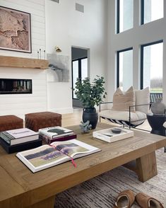 a living room filled with furniture and a fire place next to a large glass window