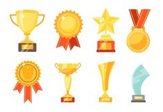 various awards and trophies are shown in this flat lay style on a white background illustration