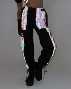 Time 2 Get Lit Rainbow Reflective Cargo Joggers-Black/Rainbow-Reflective--Hannah---S Edm Girls Outfits, Reflective Rave Outfit, Raver Girl Outfits, Reflective Outfit, Black Rave Outfits, Raver Outfits, Rave Bottoms, Rave Shorts, Rave Shirts