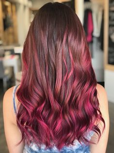 Magenta Balayage Hair, Magenta Tips Hair, Brown And Dark Pink Hair, Brown And Magenta Hair, Pink Baylage Hair Brunettes, Dark Brown And Pink Hair, Pink Hair Streaks Brunette, Magenta Hair Highlights, Magenta Balayage