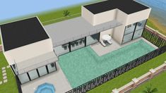 an artist's rendering of a modern house with pool and beach in the background