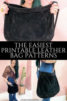 a woman holding up a black purse with the words, the fastest printable leather bag patterns