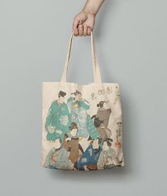 One linen tote bag. Two different prints. One side: Celebrating Spring  by Utagawa Kuniyoshi Other side: Celebrating Spring (Kabuki Actors Disguised as a Street Crowd) by Utagawa Kuniyoshi.  Measurements: - Length 42 cm / 16.5 in - Width 39 cm / 15.3 in - Handles Length 76 cm / 30 in Fabric: Safe Oeko-TEX® standard 100 certified linen fabric. Heavy linen fabric. CARE INSTRUCTIONS: ▽ Make sure your laundry has enough space so it could rinse properly, ▽ Choose low temperatures and lukewarm waters (<40oC/104oF), ▽ Use the gentle machine cycle or wash it with hand, ▽ Straightening and hang to dry, ▽ It will become softer with each washing, ▽ Our linen tote bag aren't stone washed, so it can shrink a little (1-3cm) by washing in hot water. COLOURS: Actual colours and prints may vary from pictur Rectangular Bags With Artwork For Daily Use, Everyday Tote Bag With Artwork, Everyday Artwork Tote Bag, Artistic Canvas Gift Bag For Shopping, Canvas Tote Bag With Artwork For Everyday Use, Artwork Tote Bag As A Gift, Artwork Canvas Tote Bag For Everyday Use, Artwork Tote Bags As Gift, Artistic Canvas Bag With Eco-friendly Ink For Daily Use