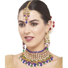 Gold Rodium Polish Blue color Necklace in Metal Alloy studded with CZ Diamond, Kundan Multicolor Stones Jewelry For Festivals, Multicolor Jewelry With Stones For Festivals, Blue Metal Jewelry For Festivals, Blue Round Jewelry For Festive Occasions, Blue Jewelry For Festival Celebrations, Blue Jewelry For Festivals And Celebrations, Jeweled Bridal Necklace For Celebration, Multicolor Metal Jewelry For Party, Multicolor Metal Party Jewelry