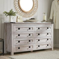 In a farmhouse vintage style, this OKD 8 drawer double dresser for bedroom is outlined with classical shape, which has a wide dresser top and a stable cabinet base. The horizontal dresser comes with 8 stacking large drawers to hold a variety of everyday items such as clothes, tablets, cell phones, etc. The 54-inch wide surface on the top of the white dresser displays your photo albums, flowers, decorations and more. Quality metal drawer pulls with smooth drawer slides make it easier to access yo Cart Nightstand, Horizontal Dresser, Rustic Chest Of Drawers, Cabinet Base, Tall Chest Of Drawers, 8 Drawer Dresser, Solid Wood Dresser, Wide Dresser, Dresser Top