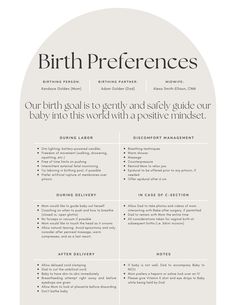 a white and black poster with the words birth preferences on it's side