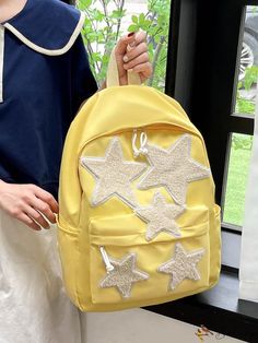 BirdinBag - Star Patch Decor Classic Backpack - Perfect for Students, Graduates, and Outdoor Travel Star-shaped School Bags For Back To School, Trendy Star-shaped Backpack For Everyday Use, Trendy Star-shaped Everyday Backpack, Yellow Backpack, Preppy Bags, Style Preppy, Pink Backpack, Word Wrap, Classic Backpack