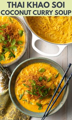 two bowls filled with noodles and garnished with parsley on the side next to chopsticks