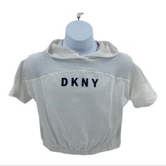 Dkny Sport Girl's White Mesh Short Sleeve T-Shirt Hoodie Size 7 Nwt | Size: 7 | Color: White | Fabric: 100% Cotton Item Id: Q226-10 Hooded Letter Print Top For Summer, White Hooded Tops For Summer, Hooded Tops With Logo Print For Spring, White Short Sleeve Hoodie With Letter Print, White Short Sleeve Hoodie For Streetwear, Sporty White Hooded T-shirt, Camouflage T Shirts, Cap Sleeve Tee, Mesh Short