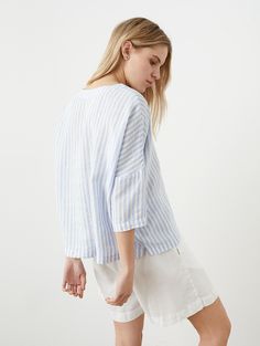 "A linen top you won't get tired of -- it's plain, yet special. Offered in light-weight linen. If you're interested in a medium-weight option, you'll find another FREEDOM listing in our TOPS section.  STYLE DETAILS  * Oversized fit * Boat neckline * 3/4 sleeves * Little slits on the side * Back slightly longer than the front  * French seams inside * Made from light-weight linen SIZES & COLORS IN THE PICTURES * Model 1 is wearing size S in Azure Str (light) linen. Model's height - 176 cm (5'9\"), bust - 83 cm (32.7\"), waist - 60 cm (23.6\"), hips - 89 cm (35\").  * Model 2 is wearing size S in Green Bay (light) linen. Model's height - 173 cm (5' 8\"), bust - 80 cm (31.5\"), waist - 60 cm (23.6\"), hips - 92 cm(36.2\"). * Model 3 is wearing size S Natural (medium) linen. Model's height - 17 Oversized Casual Linen Blouse, Relaxed Linen Tops For Daywear, Simple Relaxed Fit Blouse For Spring, White Linen Crew Neck Blouse, Summer Linen Blouse With Crew Neck, Effortless Linen Tops For Spring, Chic Linen Tops With Relaxed Fit, Chic Relaxed Fit Linen Tops, Simple Long Sleeve Summer Tops