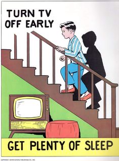 an advertisement for the television program'get plenty of sleep'featuring a man sitting on stairs