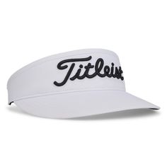 a white visor with the word title printed on it, and black lettering that says title