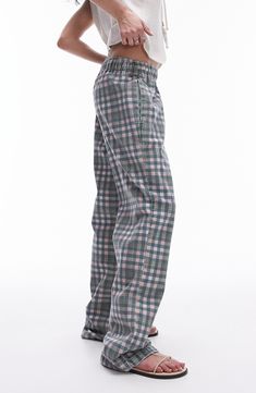 Neat checks lend depth to these straight-leg pants crafted from pure cotton twill and topped with a comfy elastic waist. Elastic waist Side-seam pockets 100% cotton Machine wash, line dry Made in Turkey Plaid Relaxed Fit Pants, Plaid Relaxed Fit Trousers, Relaxed Fit Plaid Trousers, Plaid Cotton Bottoms With Elastic Waistband, Relaxed Fit Cotton Plaid Pants, Cotton Plaid Pants For Workwear, Plaid Cotton Pants For Work, Relaxed Fit Plaid Pants With Elastic Waistband, Plaid Cotton Workwear Bottoms