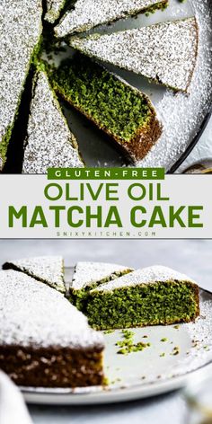 olive oil matcha cake with powdered sugar on top