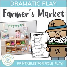 a farmer's market is shown with an image of a child holding a basket