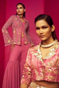 Blush pink full sleeve blazer with glass bead, sequin, stone, crystal drops embroidery. Paired with tiered pleated gharara. - Aza Fashions Reception Sharara With Mirror Work, Fitted Long Sleeve Sharara With Gota Work, Wedding Sharara With Gota Work And Long Sleeves, Embellished Fitted Sharara For Eid, Fitted Embellished Sharara For Eid, Fitted Sharara With Gota Work For Reception, Embellished Semi-stitched Sharara, Fitted Chinon Sharara, Shawl Collar Blazer