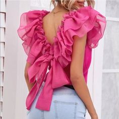 New With Tags Stunning Top With Ruffled Sleeves And Large Bow On Back. Pink Ruffled Tops By Zara, Zara Pink Ruffled Tops, Zara Pink Tops With Ruffles, Zara Pink Party Blouse, Zara Pink Blouse For Party, Zara Ruffled Blouse For Brunch, Pink Ruffled Blouse For Day Out, Zara Ruffled Tops For Brunch, Pink Zara Top For Brunch