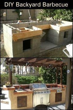 an outdoor bbq with grill and sink built into the side of it in two different pictures