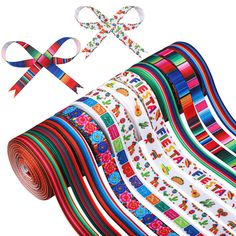 PRICES MAY VARY. Mexican colorful ribbons: this grosgrain ribbon set is based on the Mexican serape style with 7 different rainbow stripe patterns; there are also colorful flowers, papel picado, cactus, hats, guitars and other patterns, which are very fashionable and have ethnic characteristics. Various attractive styles: you will get a total of 12 different fiesta ribbons for you to choose and match; each roll of fiesta ribbon is 3/8 inch wide and 5 yards long, for a total of 60 yards that is a Mexican Flower Pinata, Mexican 15 Theme Party Tables, Mexican Theme Party, Mexican Theme, Party Events, Fiesta Party, Cactus, Rolls, Ribbon