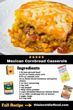 mexican cornbread casserole recipe on a white plate with the instructions below it