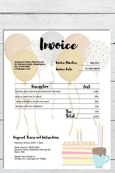 a birthday party invoice with balloons and cake