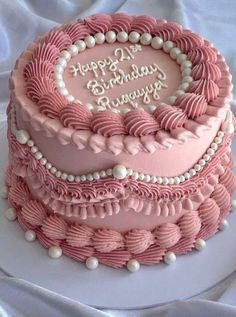 a pink and white birthday cake with the words happy birthday to you written on it