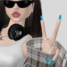 a woman with sunglasses and headphones making the peace sign while holding her hand up