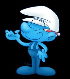 the smurf is wearing a white hat and holding his hand up to his mouth