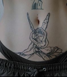 a woman's stomach with a tattoo on the side and an image of a man kneeling down