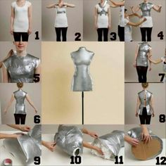 the instructions for making a silver dress are shown in several different positions, including one woman's body and two women's torsos