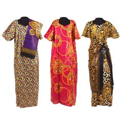 Set of 3 Colorful Print Long-dresses + Headscarves - Africa Imports Bust Dress, Creative Styling, Printed Long Dresses, African Inspired, Long Dresses, African Clothing, Printed Skirts, Head Scarf, African Fashion