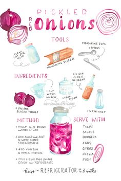 the ingredients for pickled onions are shown in this watercolor and ink drawing technique