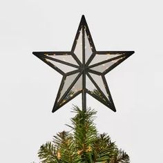 a lighted star on top of a christmas tree in front of a white sky background