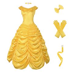 PRICES MAY VARY. Fabric: High quality stitching and fine tailoring ensure that you are comfortable to wear. Including: Belle princess dresses, Headwear, Neckwear, gloves. Zipper design makes your wearing more convenient. Style: vintage dress for women princess dress Belle ball gown lace headband accessories neckwear suit. Design: Elegant and cute princess dress, yellow dress off-shoulder tailoring, you must be the center of the crowd when you put it on. Belle prom dresses is designed with layere Yellow Dress Prom, Princess Dress Yellow, Belle Prom Dress, Princess Dress Costume, Belle Princess, Belle Costume, Headband Accessories, Anime Kimono, Costume For Women