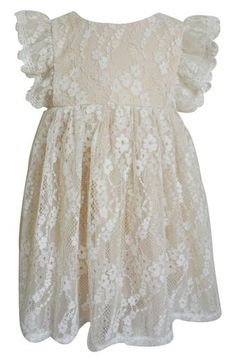 A breezy cotton lining keeps baby cozy no matter what the day brings when they wear this pretty dress with ruffled shoulders and a lacy overlay. Cotton lining 97% nylon, 3% polyester Dry clean Imported Summer Lace Dress With Lace Bodice For Dress-up, Off White Lace Dress For Garden Party, Off-white Lace Dress For Garden Party, Ruffled Lace Dress For Garden Party, Elegant Spring Baptism Dress With Lace Collar, Garden Party Lace Dress With Ruffles, Garden Party Ruffled Lace Dress, Spring Lace Baptism Dress With Lace Collar, Off White Scalloped Lace Dress