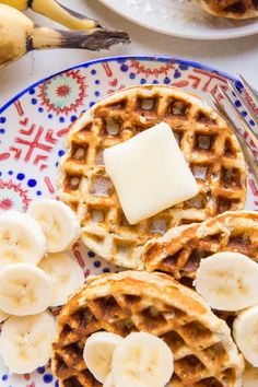 waffles with butter and bananas on a plate