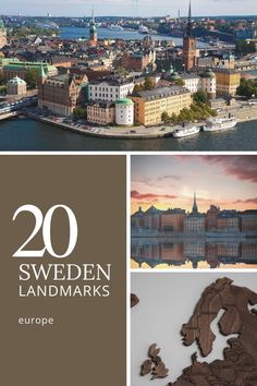 the cover of 20 sweden landmarks with pictures of europe and other countries in brown tones