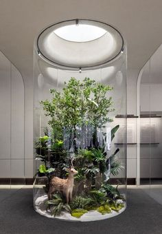 a glass case with plants and a deer in it