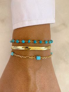 Three different gold plated bracelets for every woman that are made from sterling silver 925. A bracelet with turquoise tiny stones, a turquoise rosario bracelet and a gold chain. You can wear them separetely or as a set as well. In Christina Christi Jewels store you can see more than 35 designs in Women's Bracelets. You can have them in 2-4 Days with DHL EXPRESS SHIPPING MATERIALS - 24k Gold Plated Silver 925 chains. - Turquoise Rosario. - Pasta Turquoise Stones. - All my chains have the best q Turquoise Bracelet Gold, Bracelets Dainty, Turquoise Clothes, Turquoise Bracelets, Bracelets Chain, Women Bracelets, Turquoise Bead Bracelet, Bar Bracelets, Dainty Bracelets