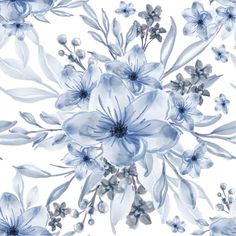 blue and white flowers on a white background with watercolor effect in the form of leaves